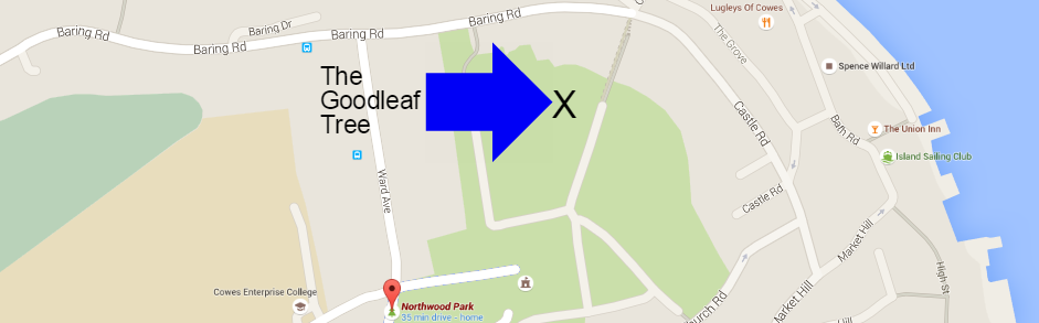 A map of Cowes showing Northwood Park and a big blue arrow pointing at the Goodleaf tree location in the park.