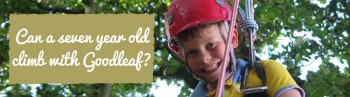 smiling boy climbing tree with rope and harness