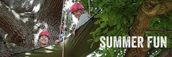 two women in tree climbing hammock